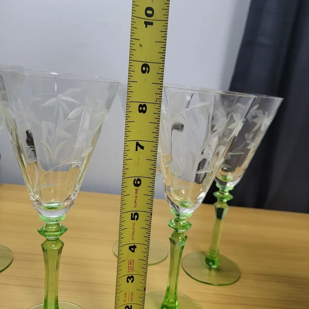 Vintage Uranium Etched Floral Stemware Glass Set of 6 Wine Goblet Optic
